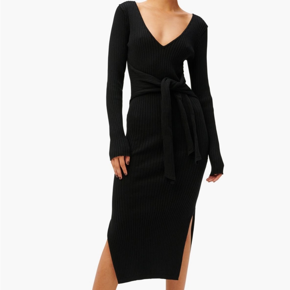 Good American Long Sleeve Ribbed Belted Bodycon Dresss, Black, size 1